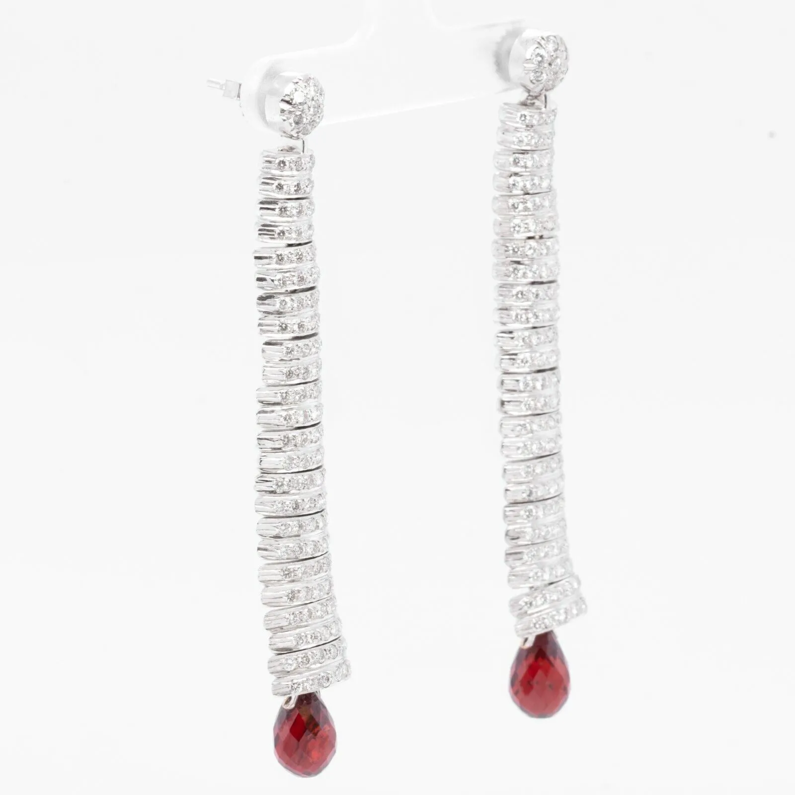 18k White Gold Earrings Caterpillar Diamond & Dangling Briolette Garnet 3.00ctw