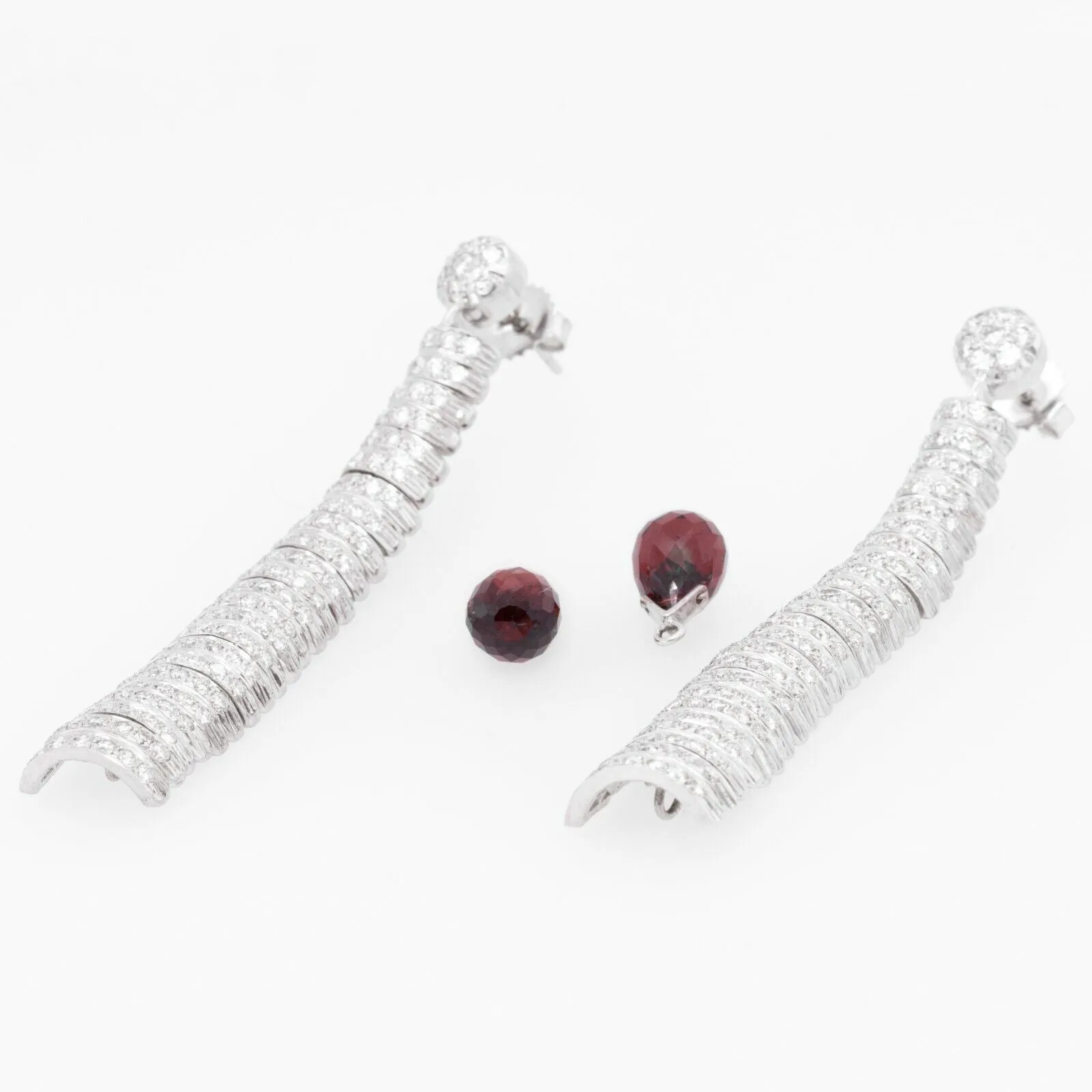 18k White Gold Earrings Caterpillar Diamond & Dangling Briolette Garnet 3.00ctw