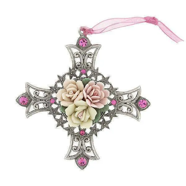 1928 Jewelry Cross & Multi Color Porcelain Roses Pink Crystal Christmas Tree Ornament