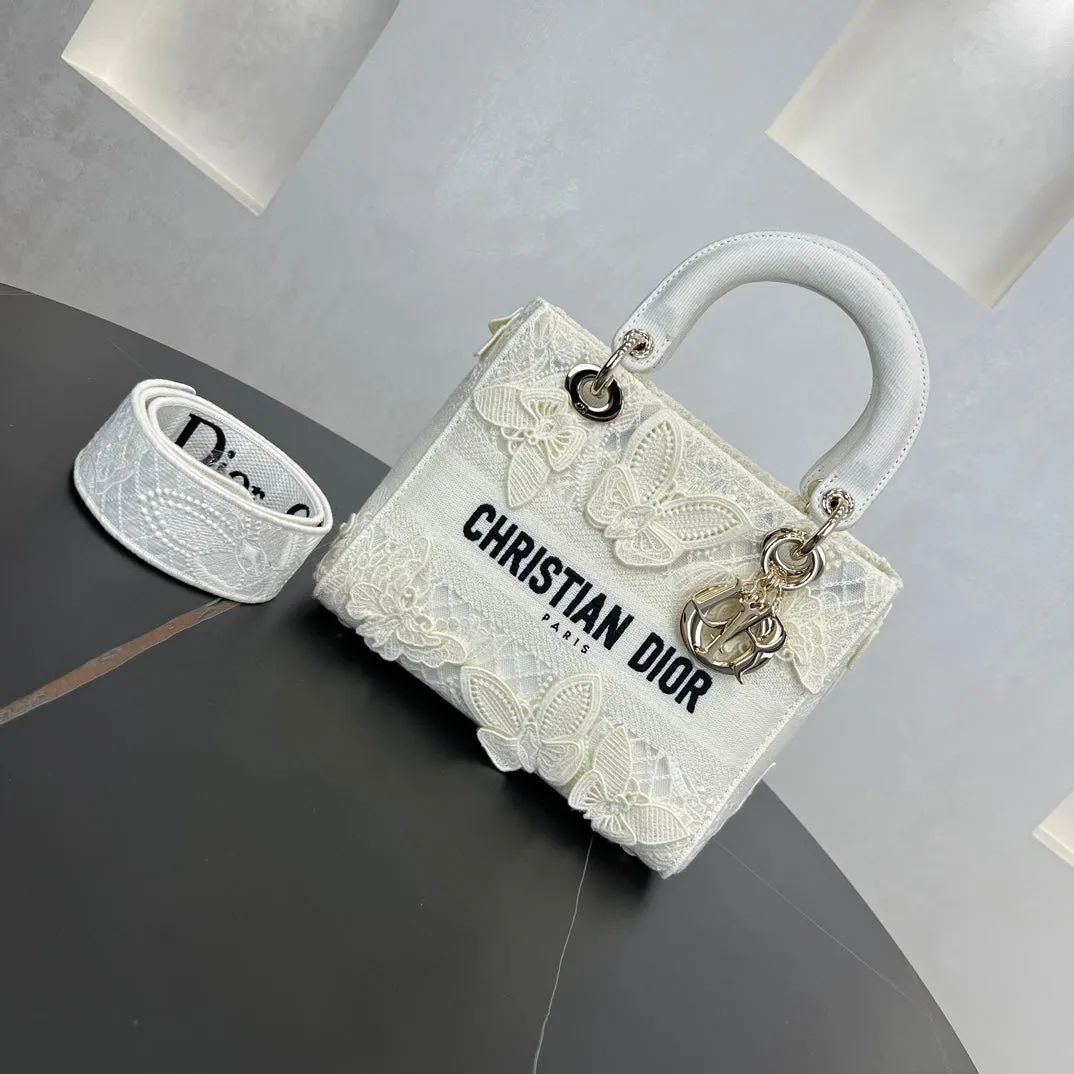 24CM Lady D-Lite Butterfly Embroidered Milk White Handbag 280746