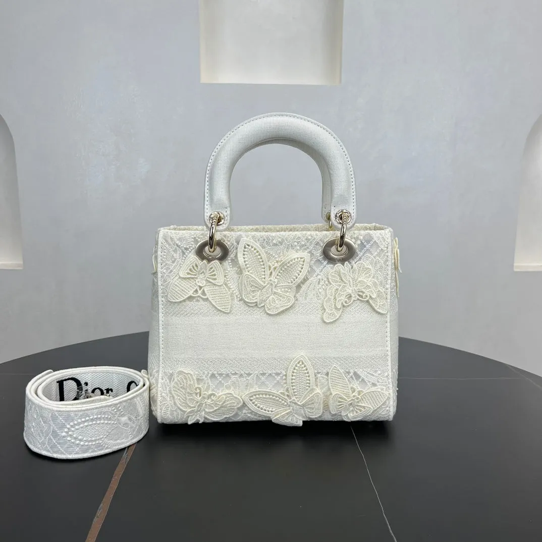 24CM Lady D-Lite Butterfly Embroidered Milk White Handbag 280746