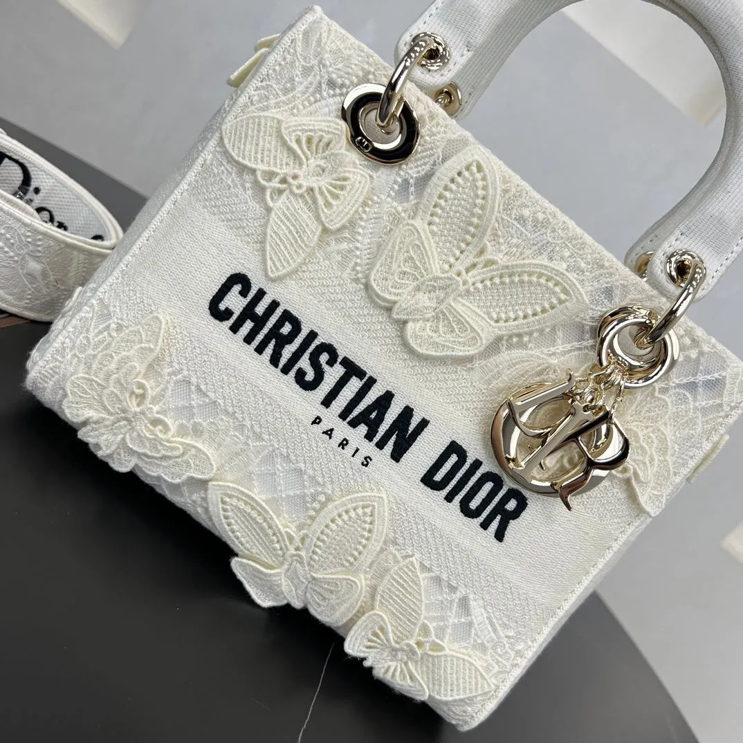 24CM Lady D-Lite Butterfly Embroidered Milk White Handbag 280746