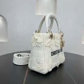 24CM Lady D-Lite Butterfly Embroidered Milk White Handbag 280746