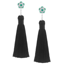 3-in-1 Emerald & Diamond Tassel Dangle Earrings in White Gold