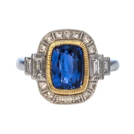 3ct Cushion Sapphire & Diamond 14K Gold Two Tone Ring