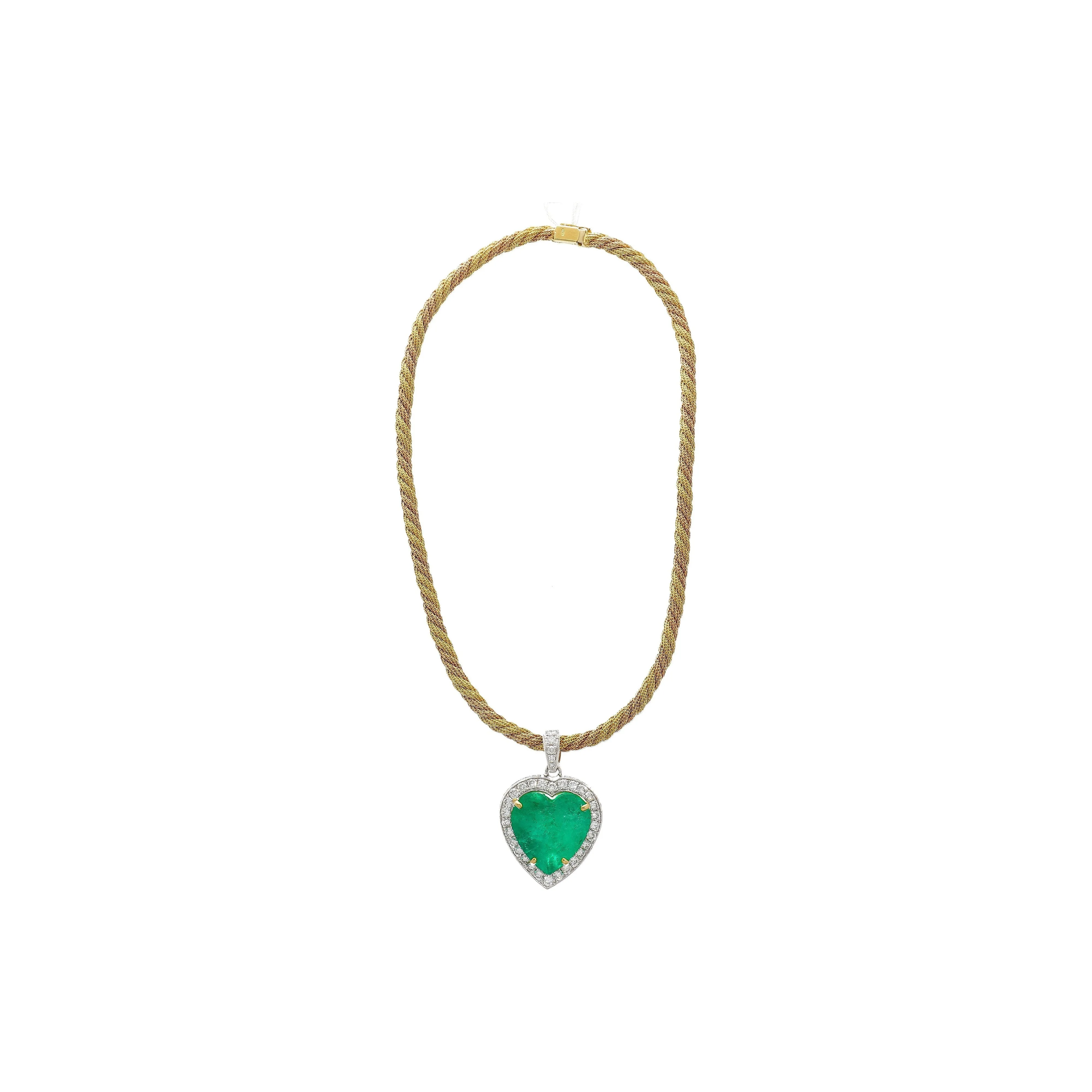 44 Carat Heart Shaped Emerald Pendant with Round Cut Diamond Halo in 18K Gold Necklace