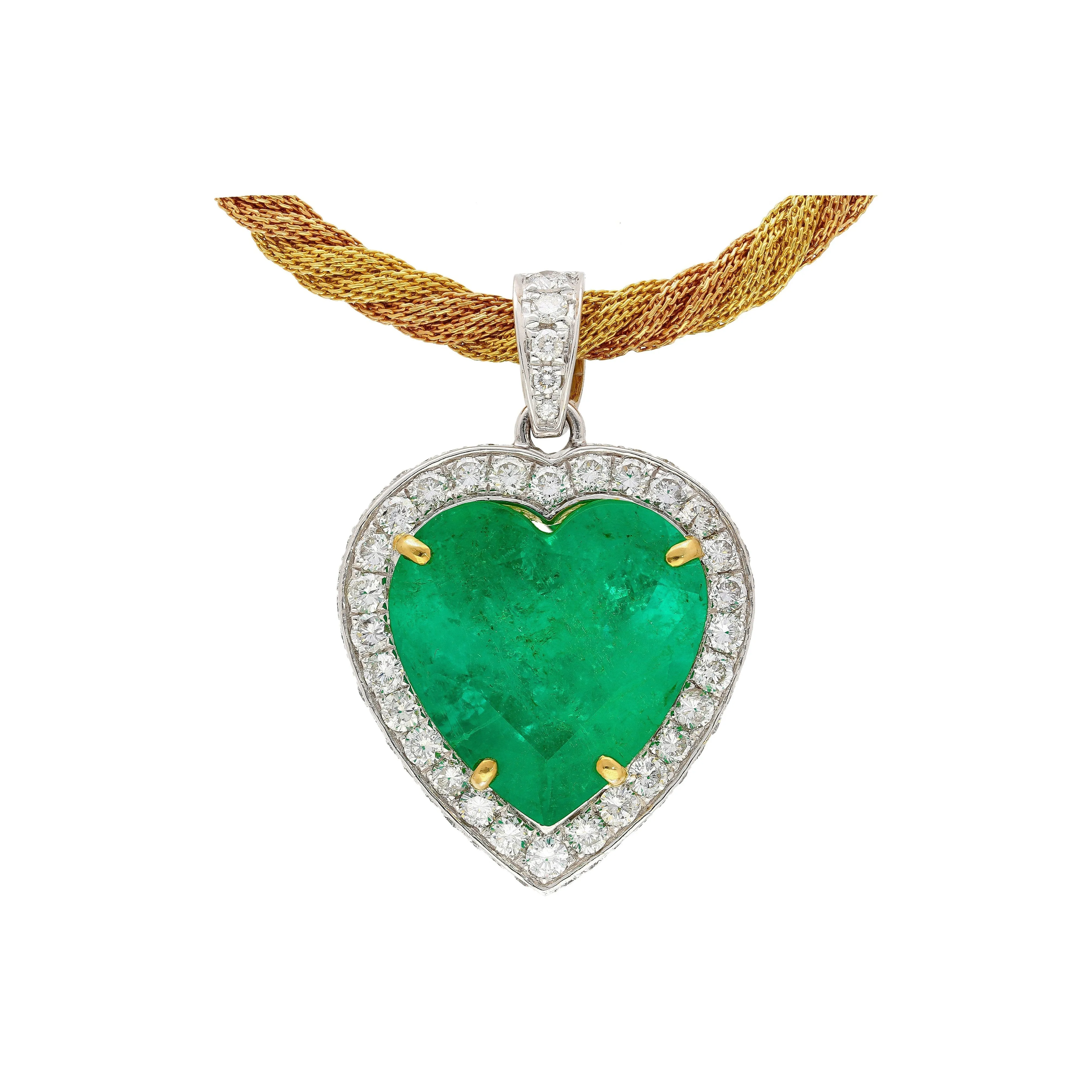 44 Carat Heart Shaped Emerald Pendant with Round Cut Diamond Halo in 18K Gold Necklace