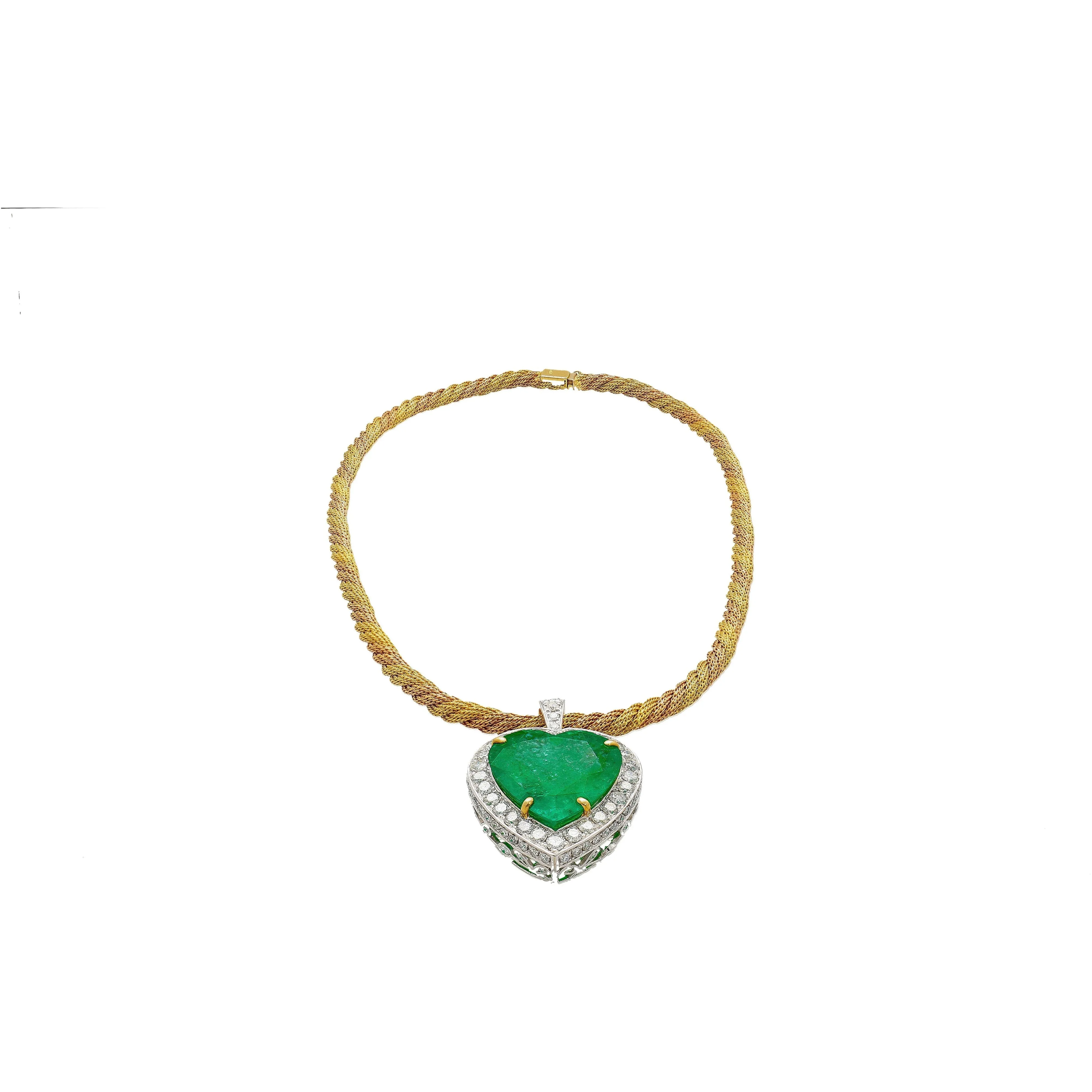 44 Carat Heart Shaped Emerald Pendant with Round Cut Diamond Halo in 18K Gold Necklace