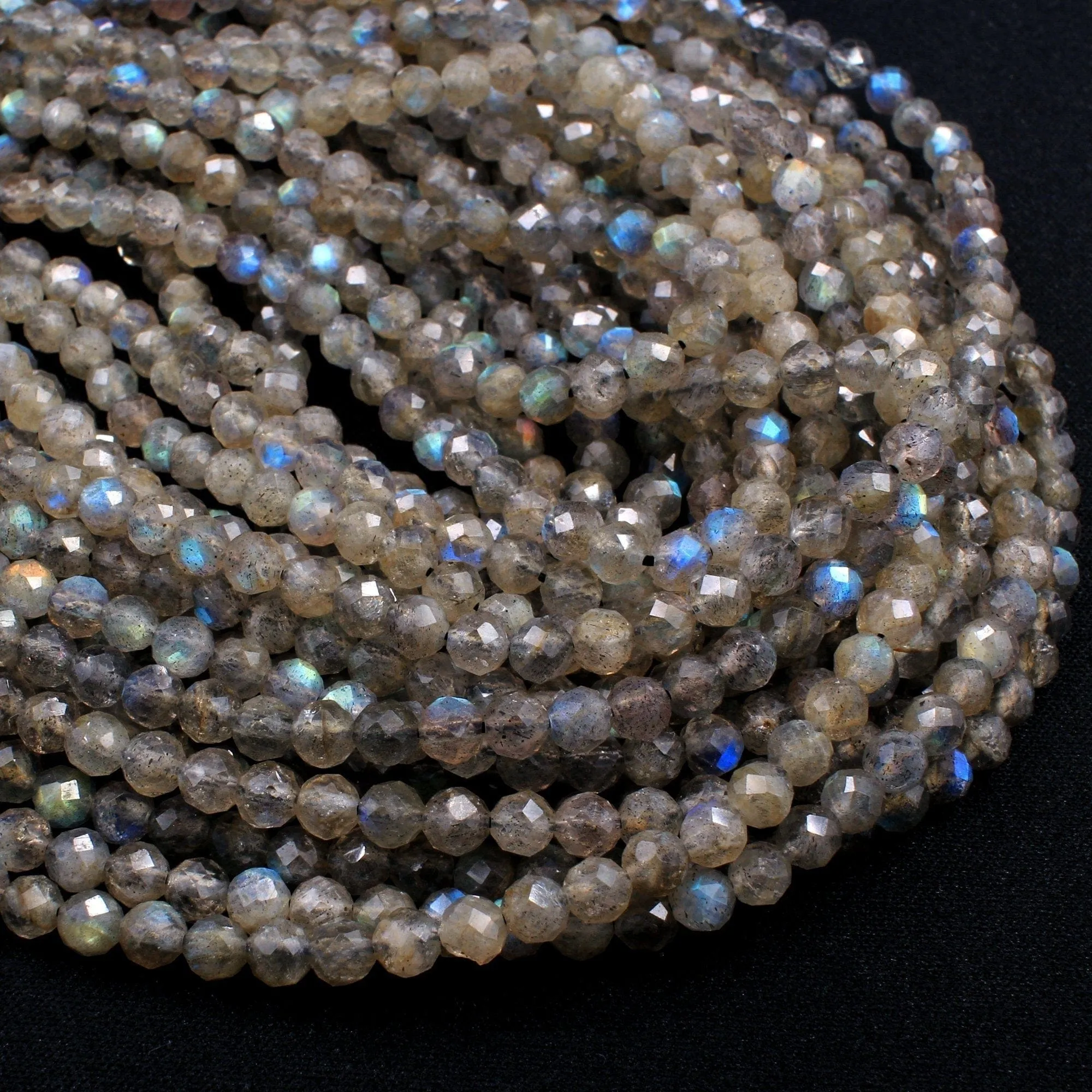 4mm Faceted Labradorite Round Beads Superior Flash AAA Quality Micro Faceted Tiny Small Natural Grey Blue Labradorite Round Beads 15.5" Strand