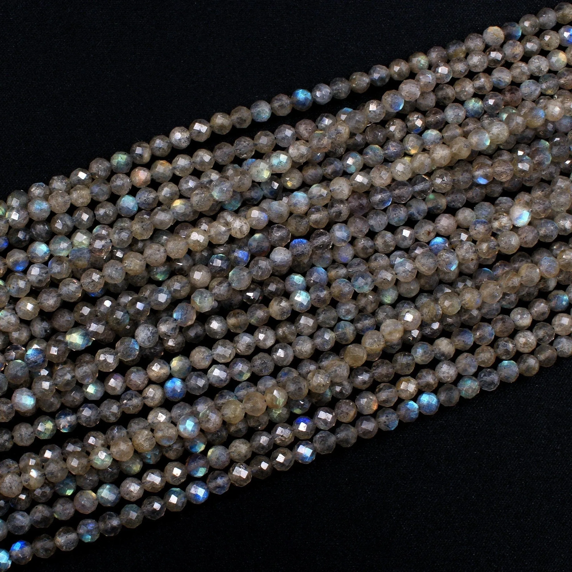 4mm Faceted Labradorite Round Beads Superior Flash AAA Quality Micro Faceted Tiny Small Natural Grey Blue Labradorite Round Beads 15.5" Strand