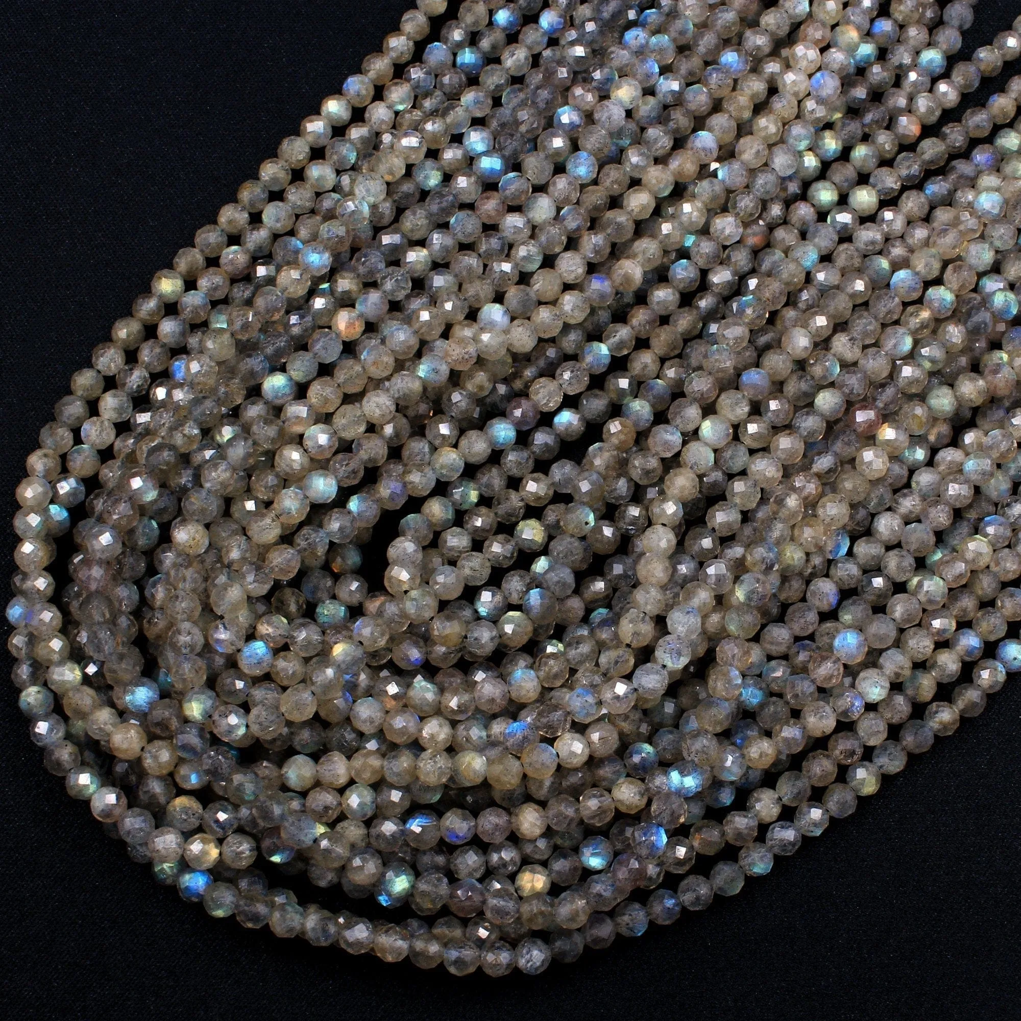 4mm Faceted Labradorite Round Beads Superior Flash AAA Quality Micro Faceted Tiny Small Natural Grey Blue Labradorite Round Beads 15.5" Strand