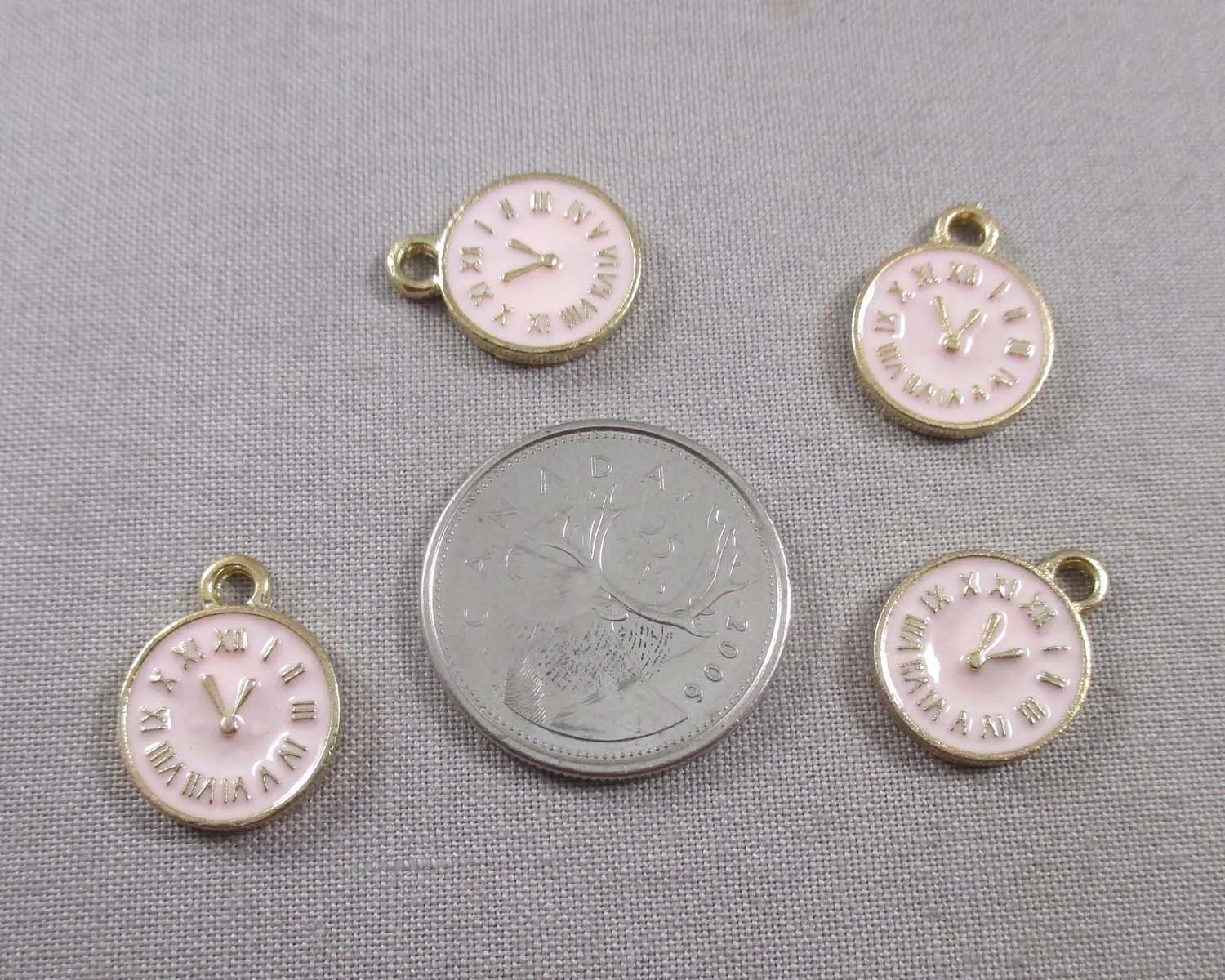 50% OFF!! Pink Clock Charm Gold Tone Enamel 4pcs (0172)