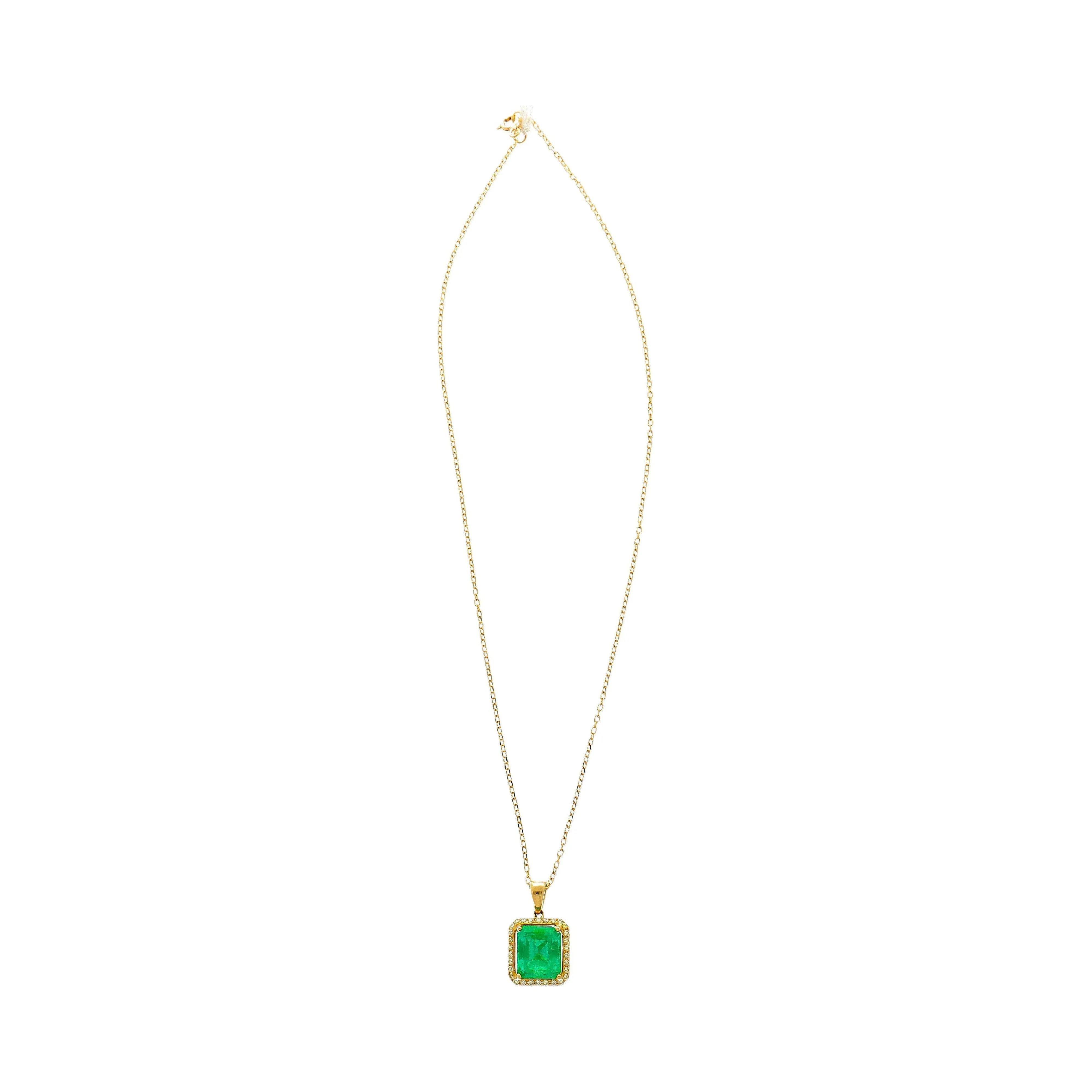 5.42 Carat Natural Emerald Pendant Necklace with Yellow Diamond Halo in 18k Gold