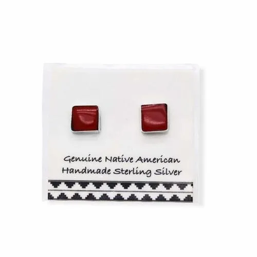 5mm Genuine Red Coral Stud Earrings in 925 Sterling Silver, Square Style, Native American USA Handmade, Nickle Free