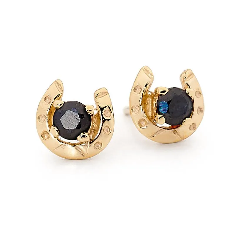 9ct Yellow Gold Created Sapphire Horseshoe Earrings