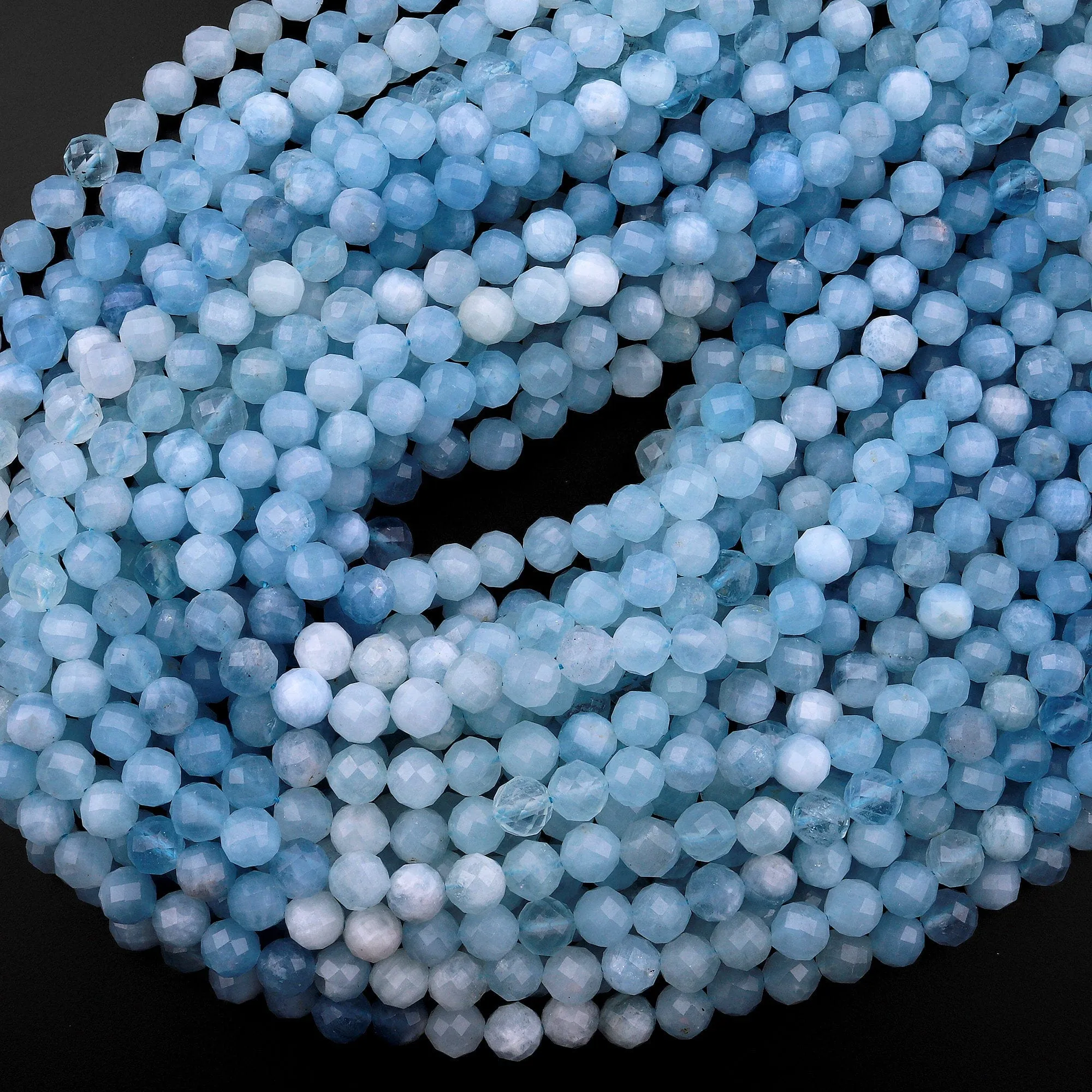 AAA Faceted Natural Blue Aquamarine 6mm Round Beads Micro Laser Diamond Cut Gemstone 15.5" Strand