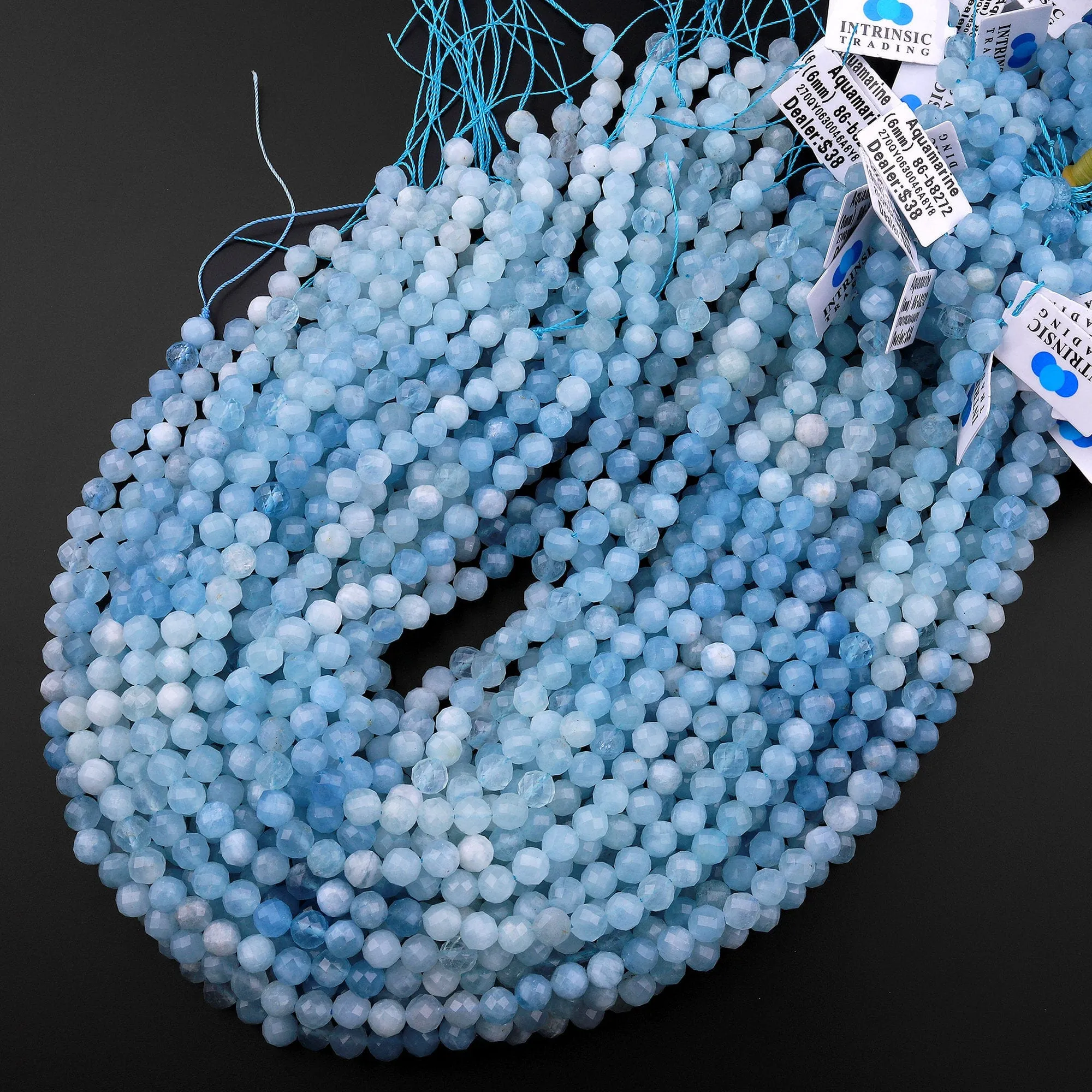 AAA Faceted Natural Blue Aquamarine 6mm Round Beads Micro Laser Diamond Cut Gemstone 15.5" Strand