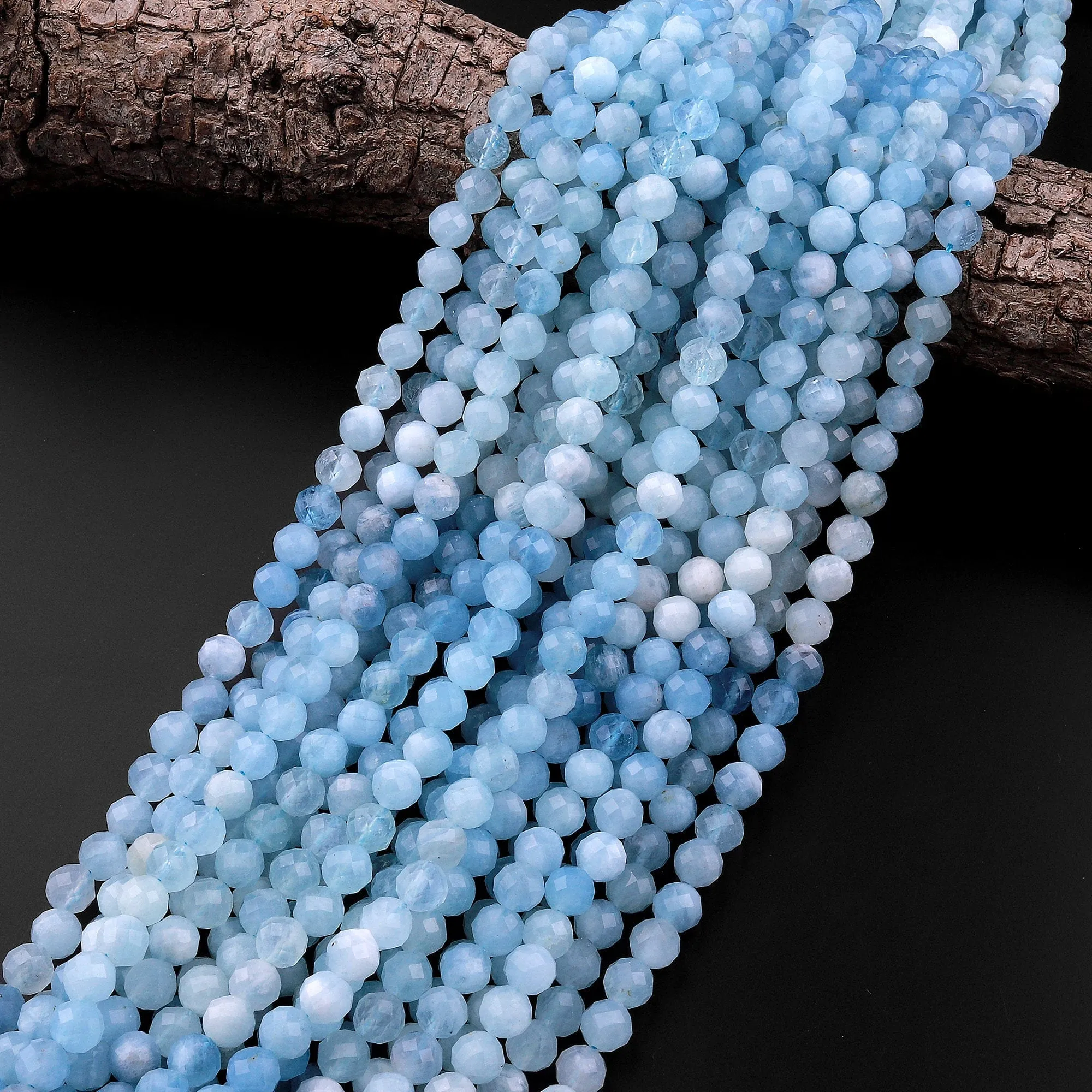 AAA Faceted Natural Blue Aquamarine 6mm Round Beads Micro Laser Diamond Cut Gemstone 15.5" Strand