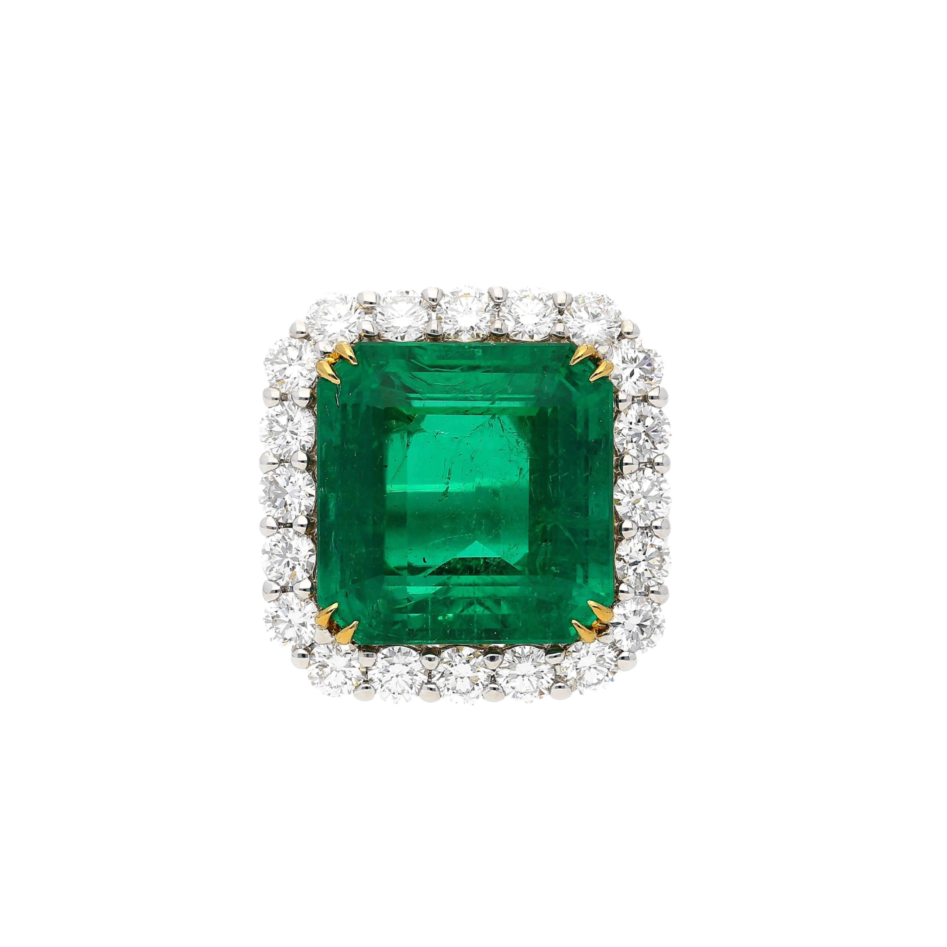 AGL Certified 16.46 Carat Minor Oil Vivid Colombian Emerald and Diamond Halo Ring