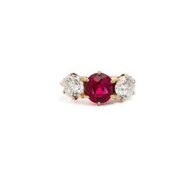 Antique Red Spinel and Old Mine Diamond 14K Yellow Gold Three-Stone Ring