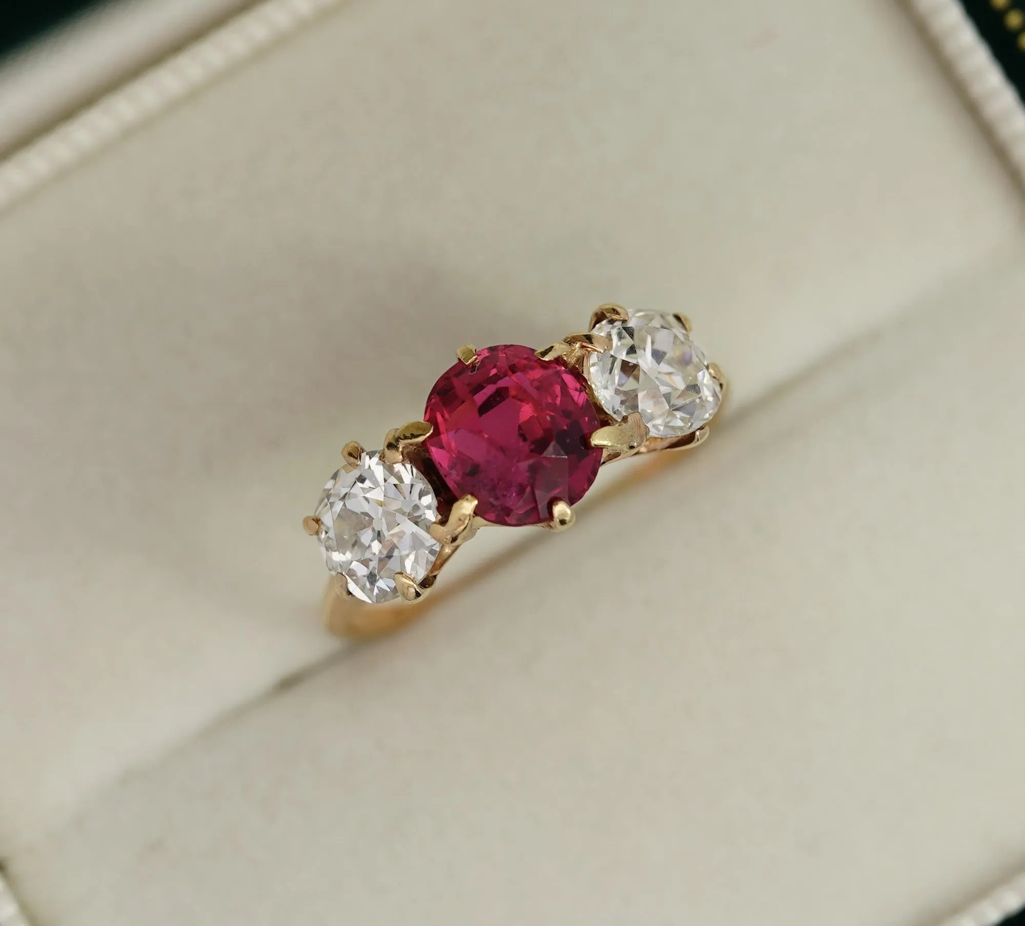 Antique Red Spinel and Old Mine Diamond 14K Yellow Gold Three-Stone Ring