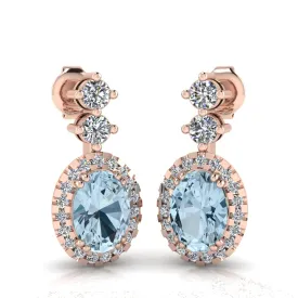 Aquamarine 1.40 Carat Oval Shape Halo Lab Grown Diamond Drop Earrings E1OCA