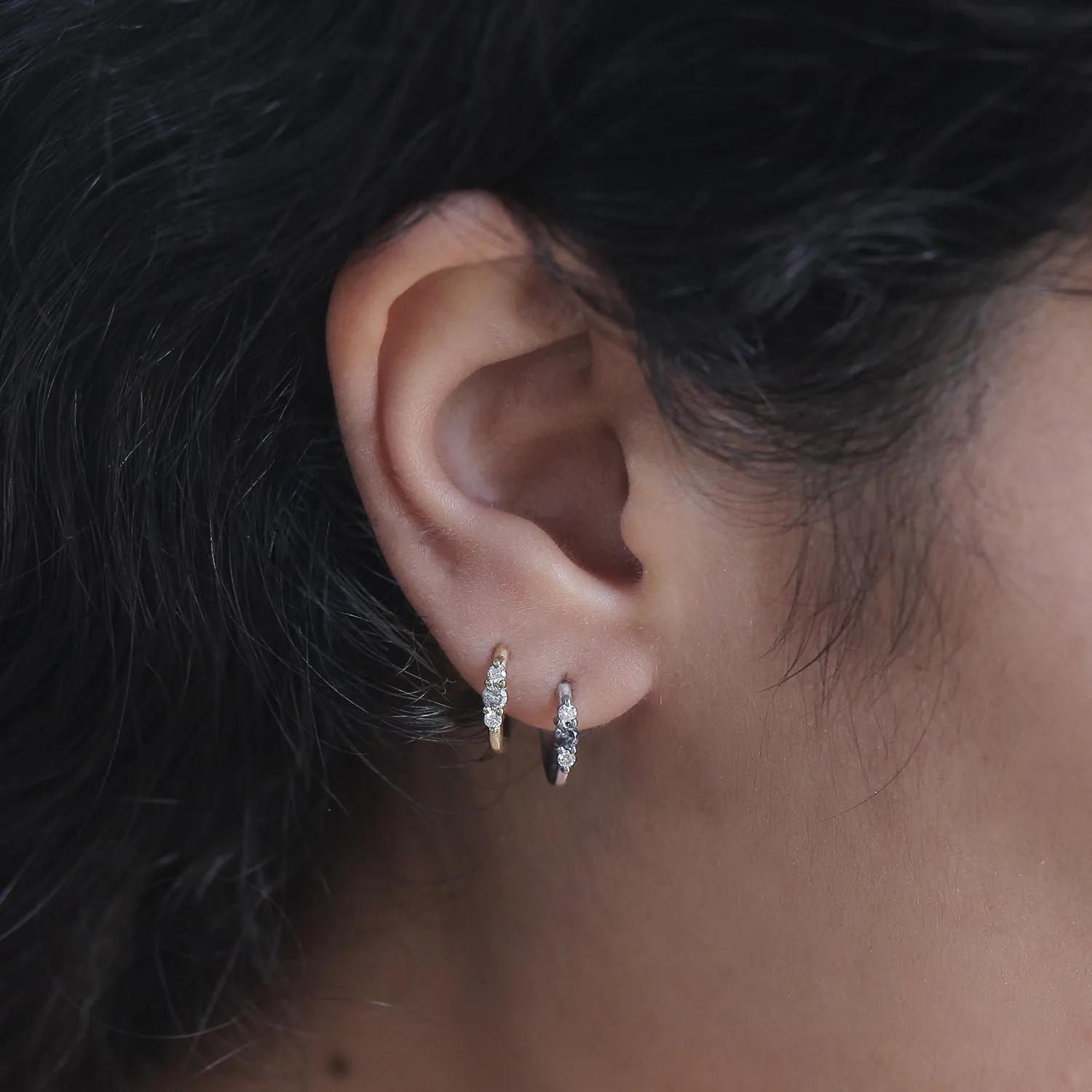 Audrey Hoop Gold Earring with Grey and White Diamonds