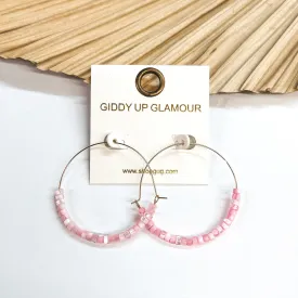 Beach Hustle Mother of Pearl Beaded Thin Gold Hoops in Pink