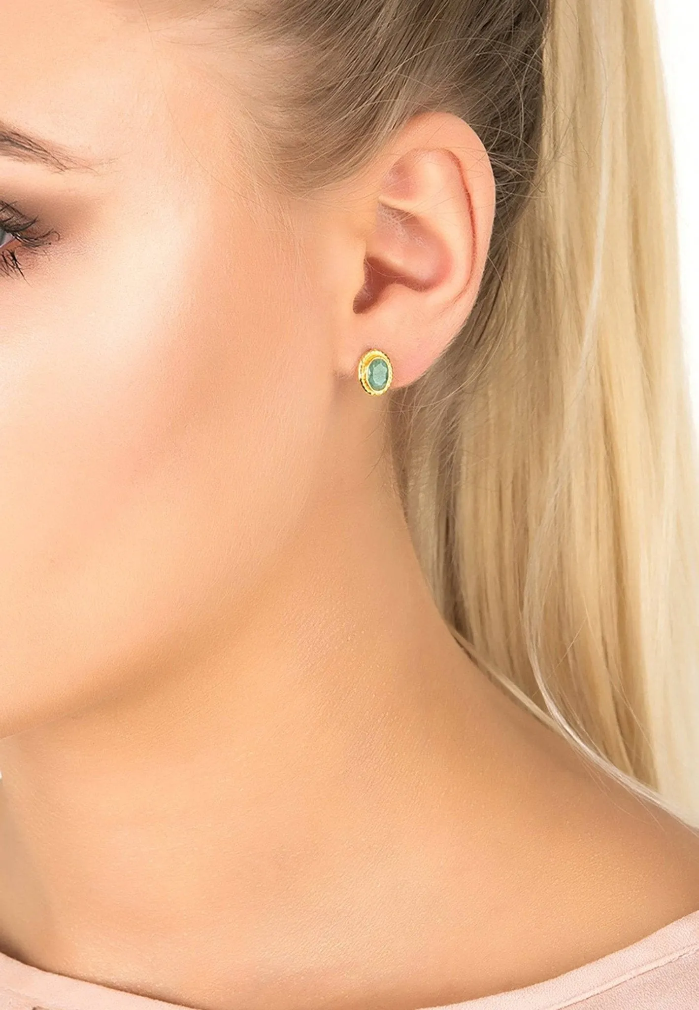 Birthstone Gold Gemstone Stud Earring May Emerald