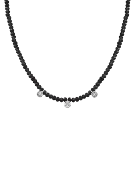 Black Spinel Gemstone & Three diamonds Necklace - 14K White Gold