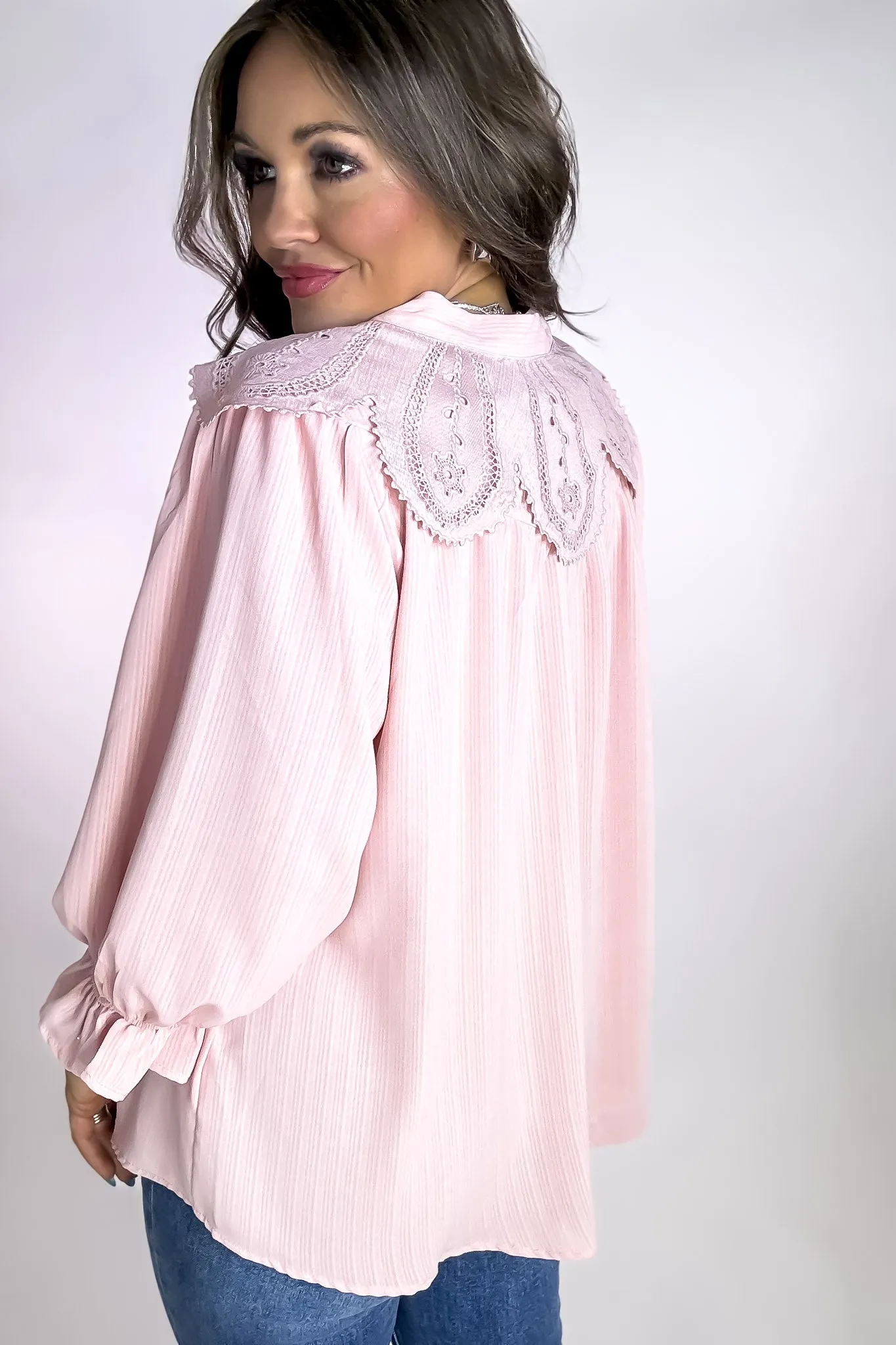 Blush Embroidered Crochet Accent Pleated Blouse