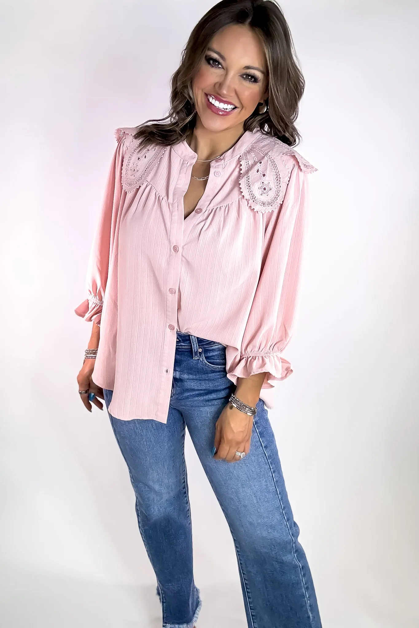 Blush Embroidered Crochet Accent Pleated Blouse