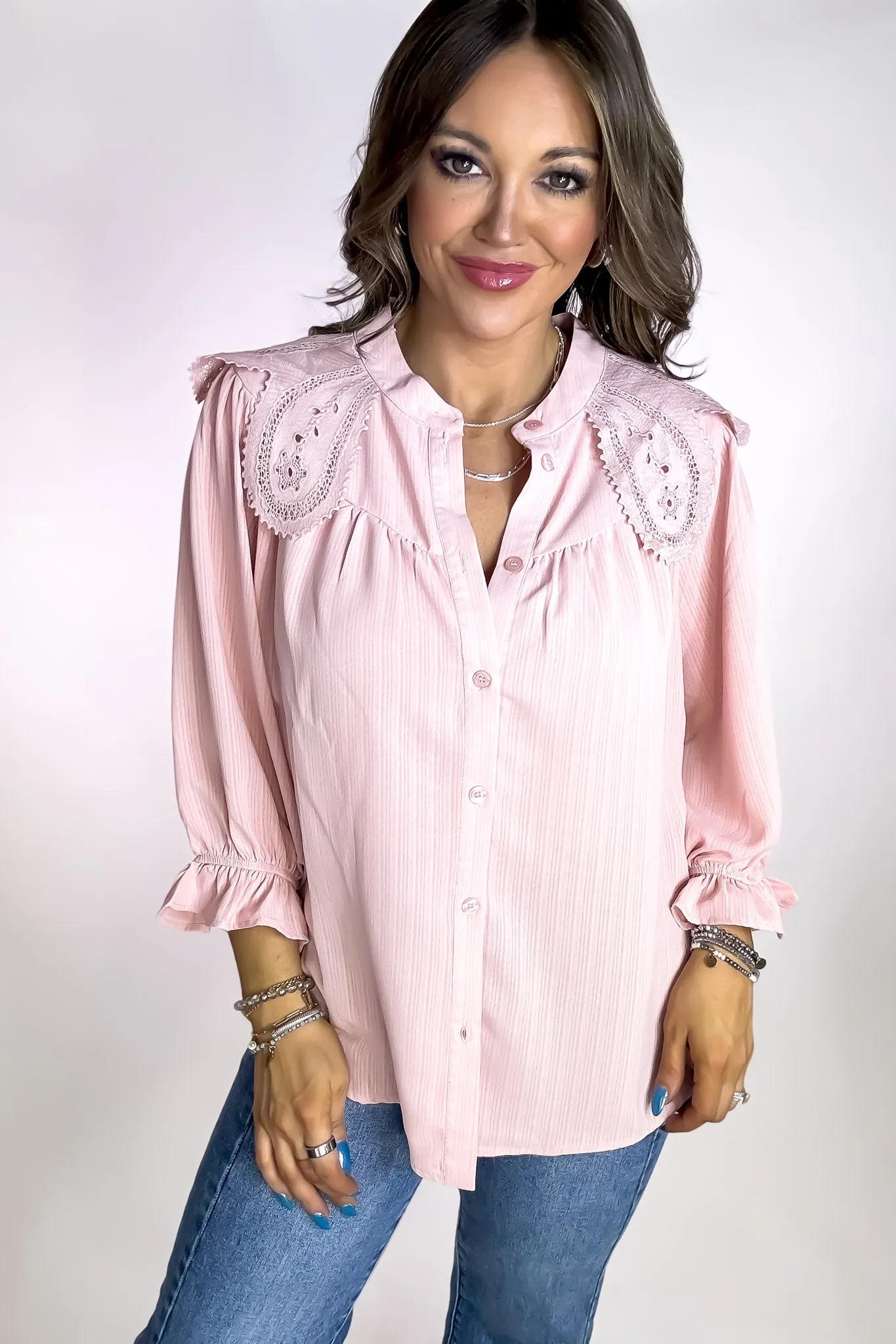 Blush Embroidered Crochet Accent Pleated Blouse