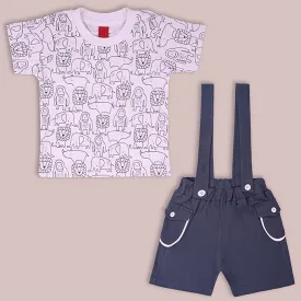 Boys Conversational Printed Cotton Dungaree Set