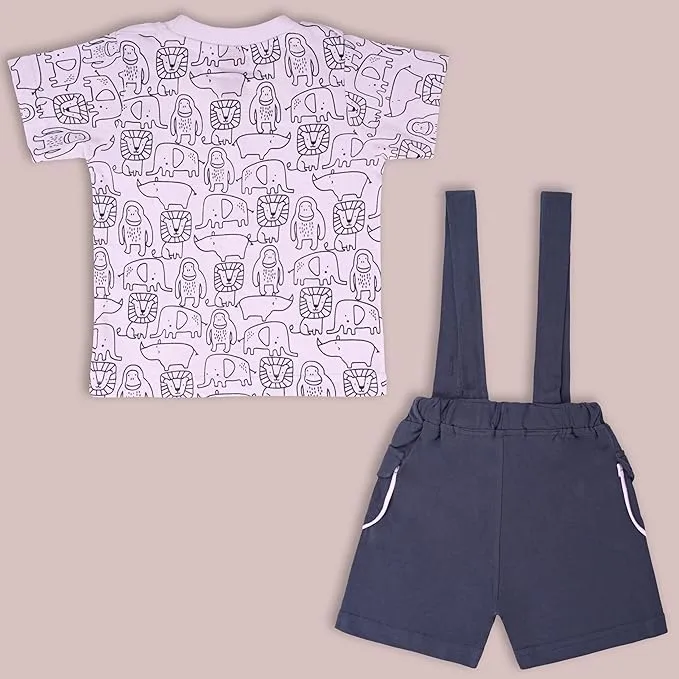 Boys Conversational Printed Cotton Dungaree Set