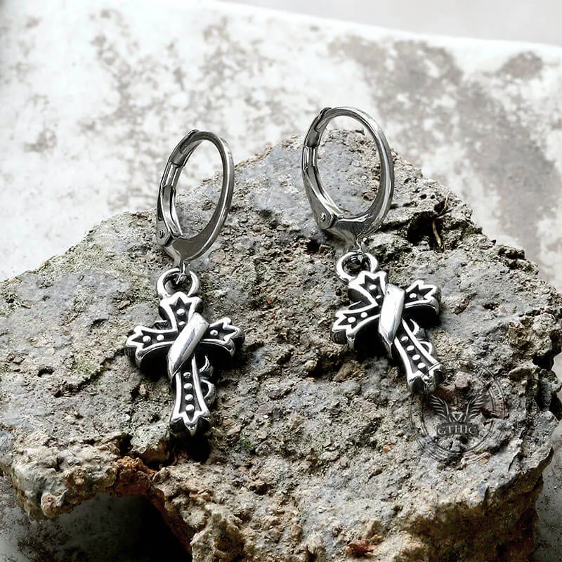 Budded Cross Stainless Steel Hoop Earrings