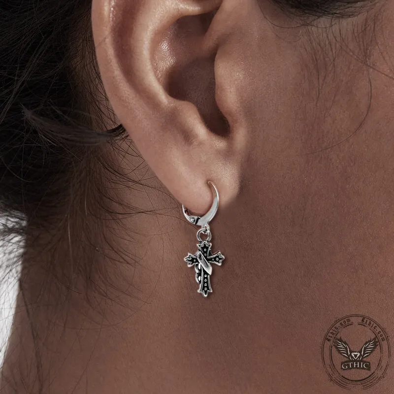 Budded Cross Stainless Steel Hoop Earrings