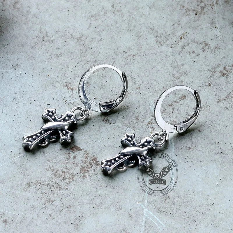 Budded Cross Stainless Steel Hoop Earrings