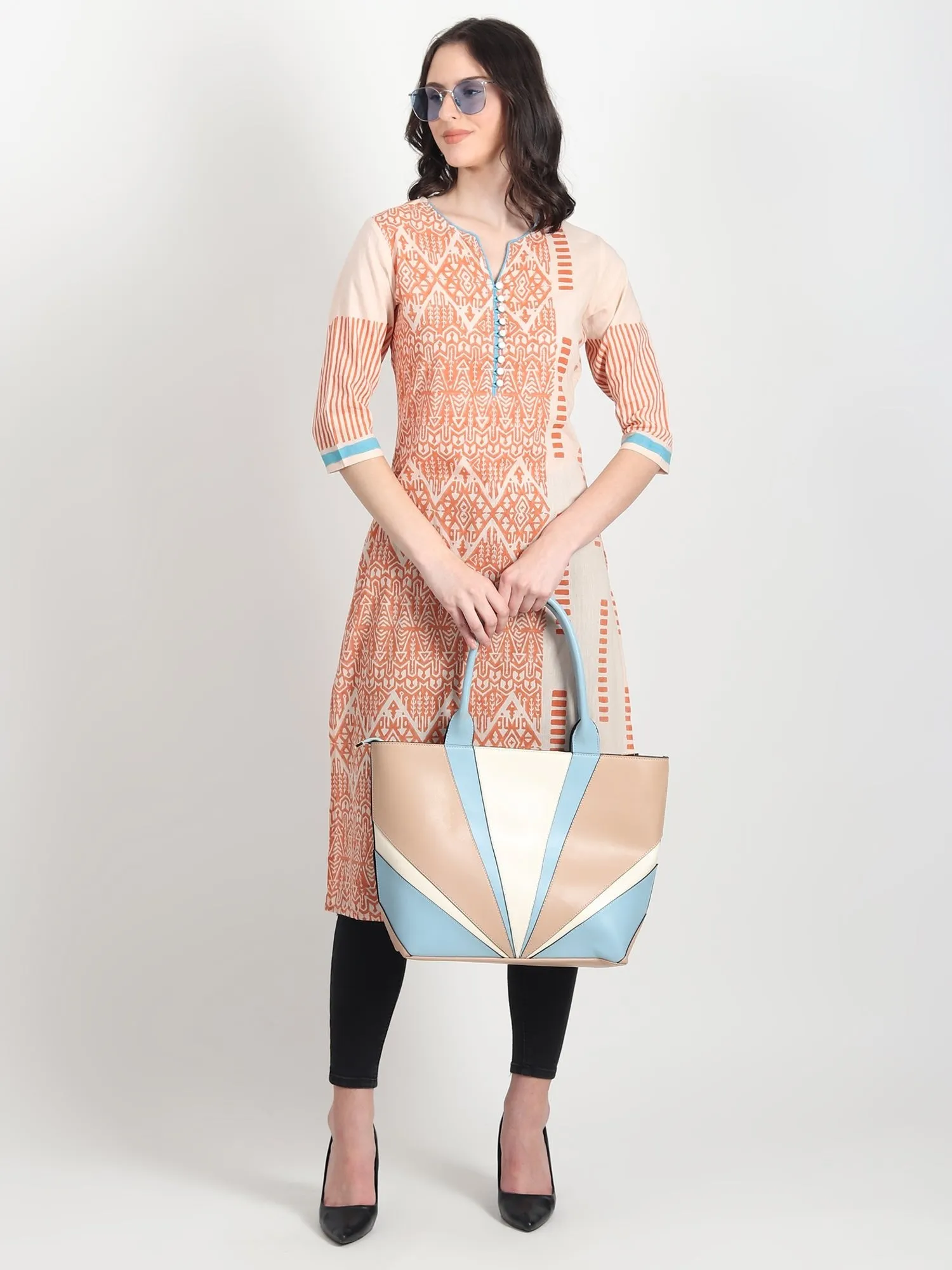 CASPAR Hand Block Printed Straight Kurti  Geometric ,Tribal Motifs