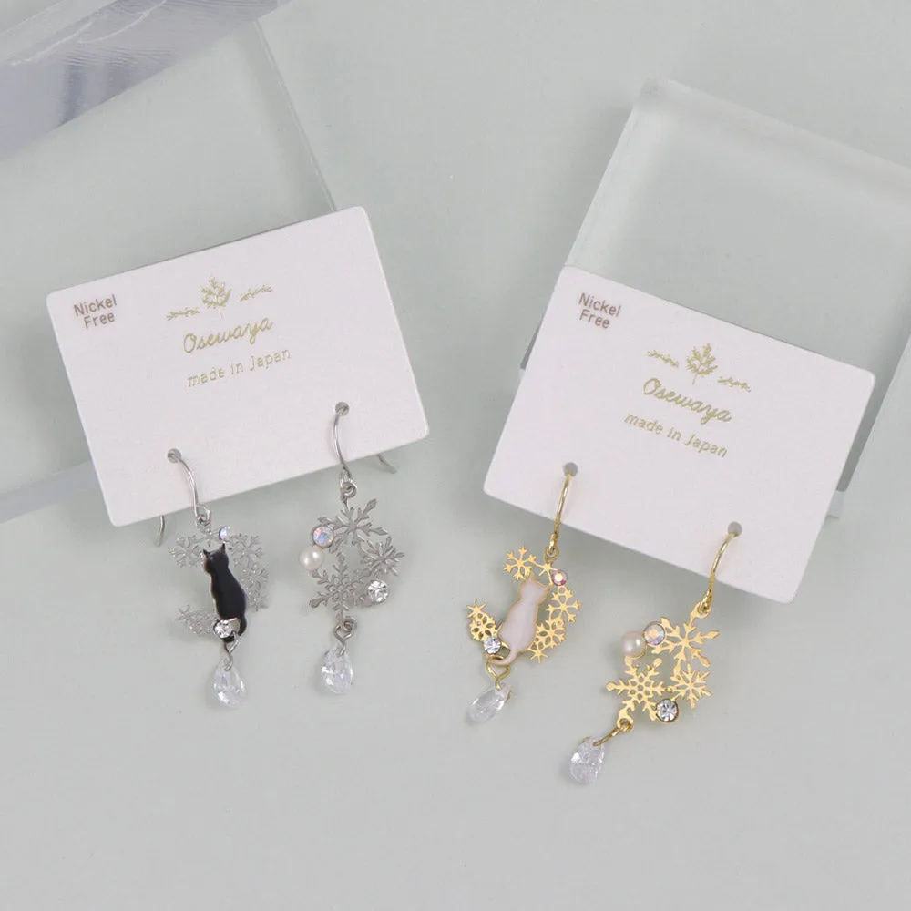 Cat and Snowflake Drop Earrings