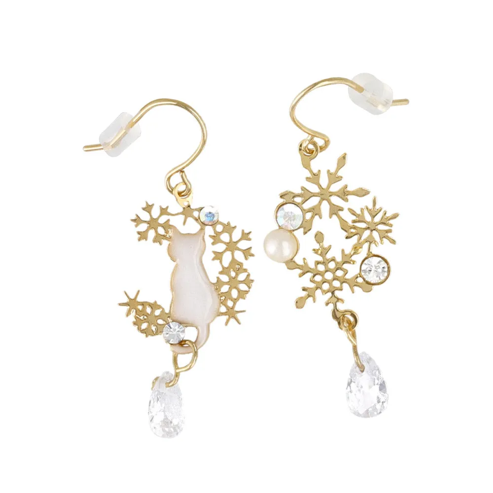 Cat and Snowflake Drop Earrings