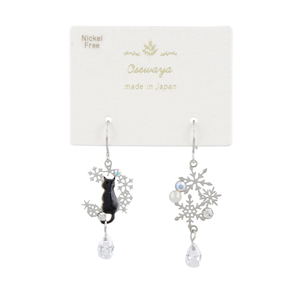 Cat and Snowflake Drop Earrings