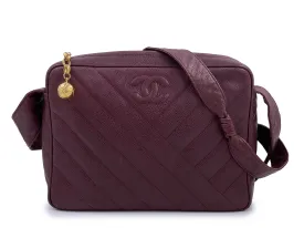 Chanel 1994 Vintage Chevron Camera Case Messenger Bag Wine Red Burgundy