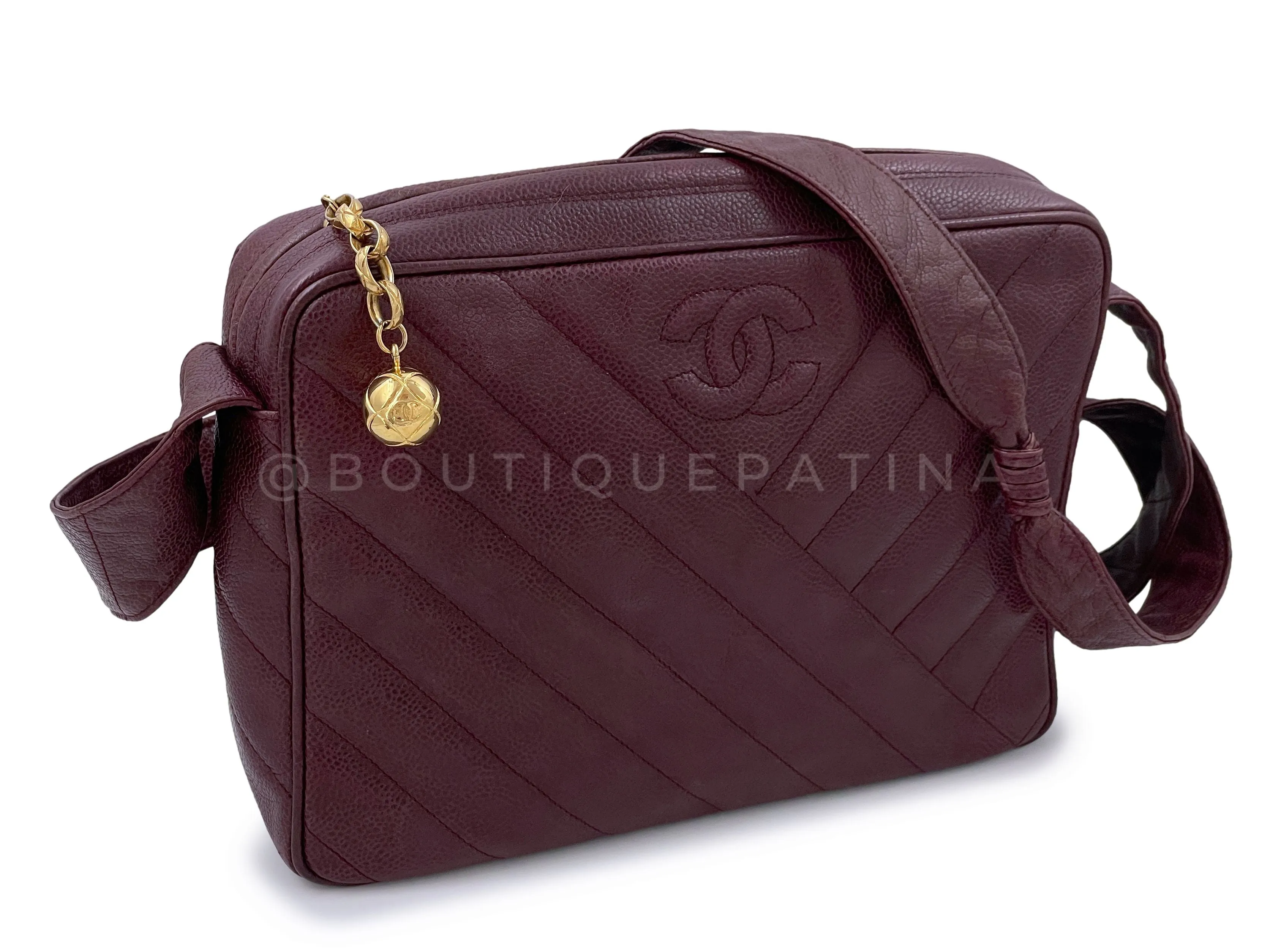 Chanel 1994 Vintage Chevron Camera Case Messenger Bag Wine Red Burgundy