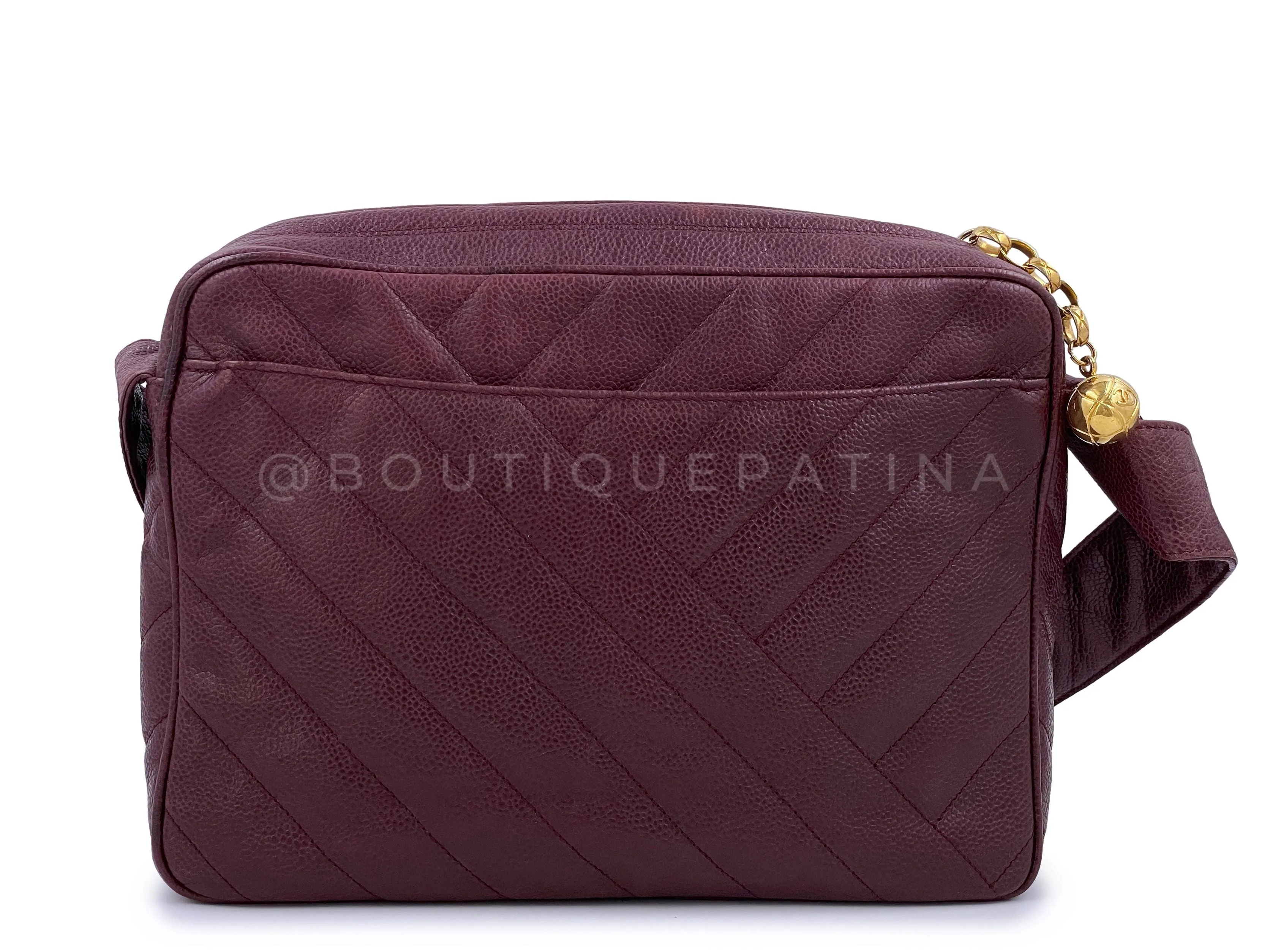 Chanel 1994 Vintage Chevron Camera Case Messenger Bag Wine Red Burgundy