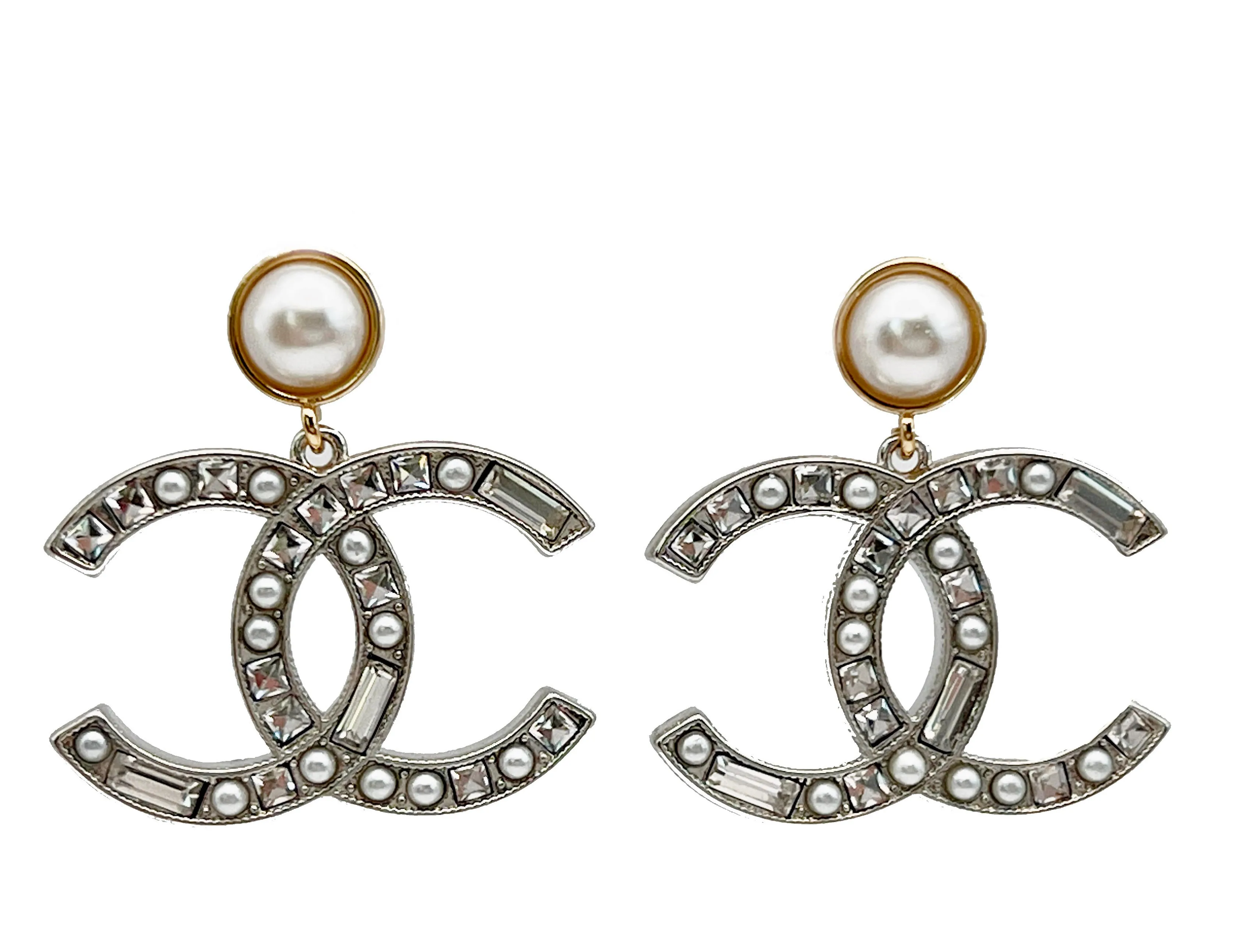 Chanel 20B Large CC and Pearl Drop Earrings Silver and Gold