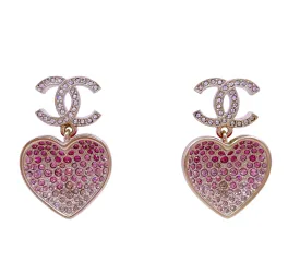 Chanel 23P Crystal CC Pink Heart Drop Earrings