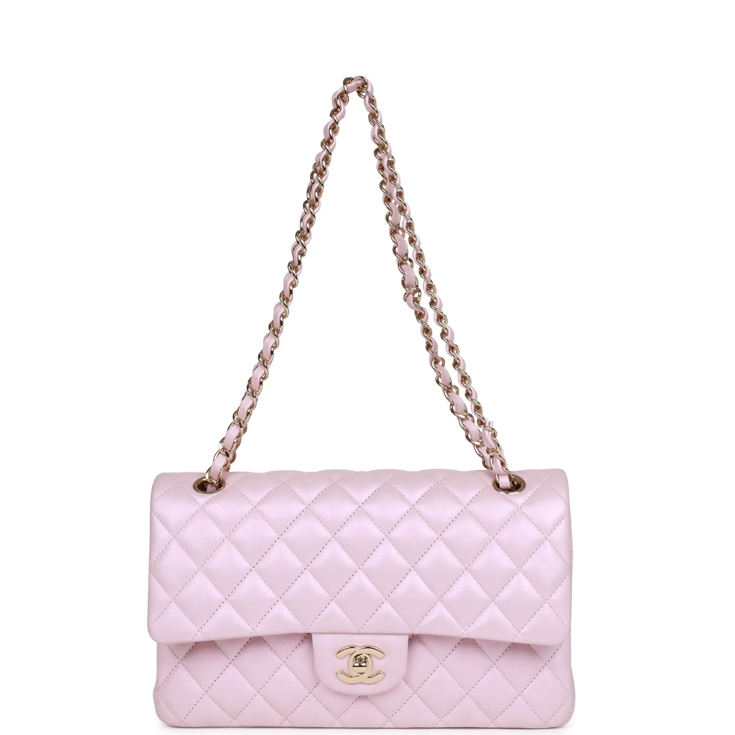 Chanel Medium Classic Double Flap Bag Pink Iridescent Lambskin Light Gold Hardware