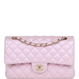 Chanel Medium Classic Double Flap Bag Pink Iridescent Lambskin Light Gold Hardware