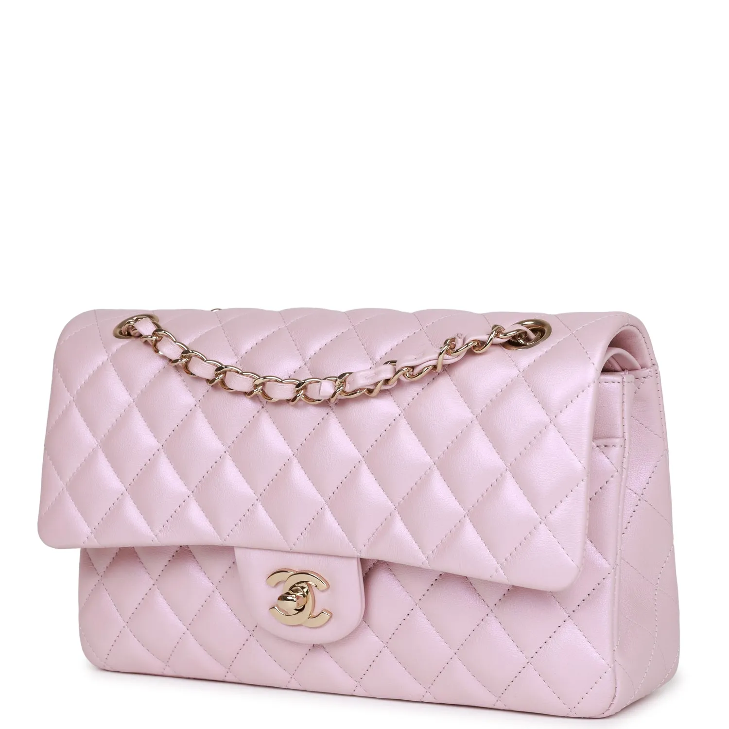 Chanel Medium Classic Double Flap Bag Pink Iridescent Lambskin Light Gold Hardware